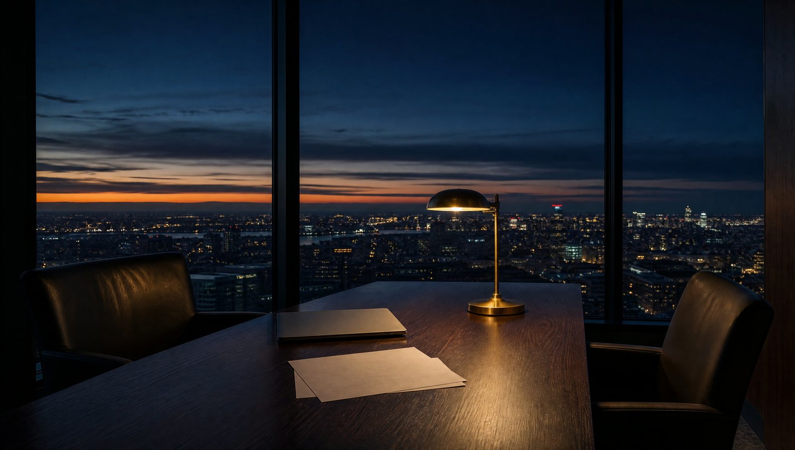 A meeting table above the city at dusk