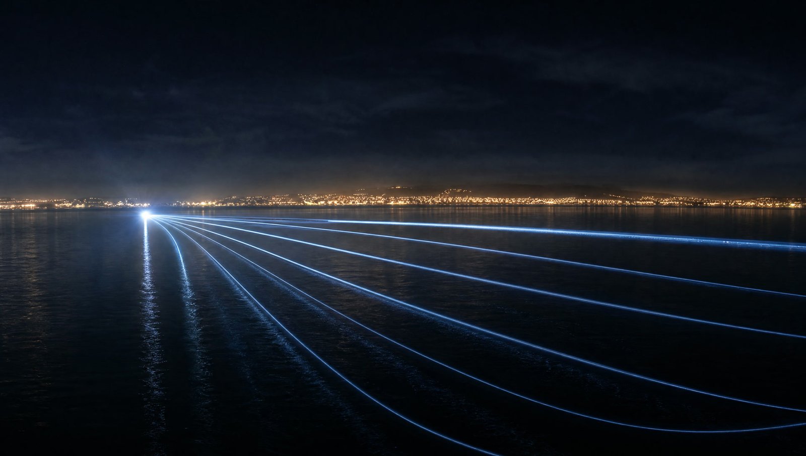 Lines of light over the bay at night